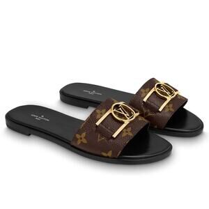 Louis Vuitton Sandals‎ Lock It Flat Mule Sandals Monogram Brown Black Size 35.5